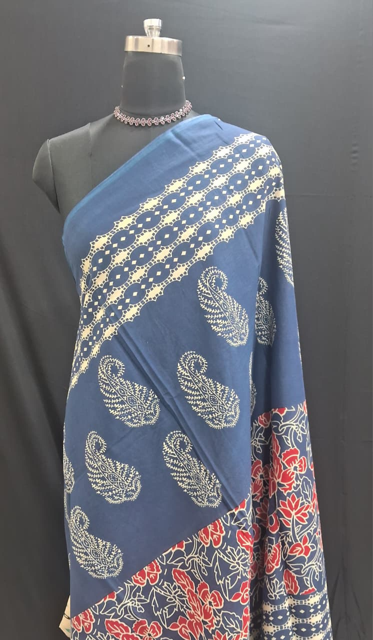 Indigo Blue Mulmul Cotton Saree 1
