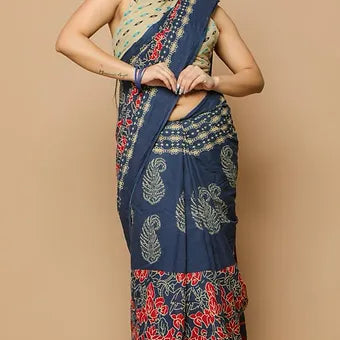 Indigo Blue Mulmul Cotton Saree