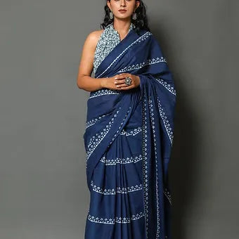 Navy Blue Mulmul cotton saree