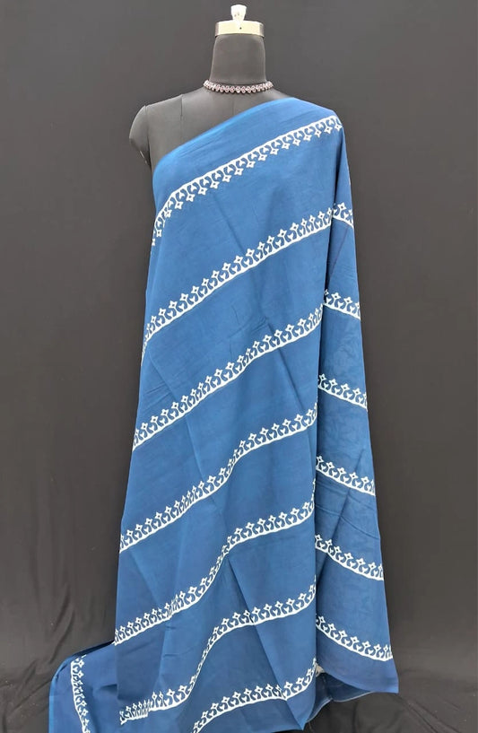French Navy Floral stripe mulmul Cotton Saree