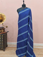 Navy Blue Floral stripe mulmul Cotton Saree 