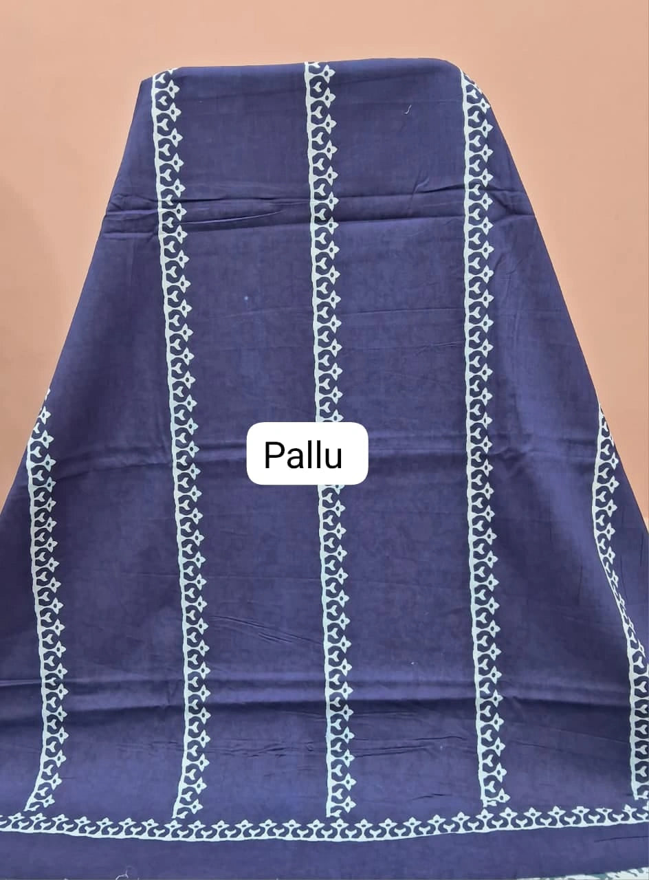 Navy Blue Floral stripe mulmul Cotton Saree pallu