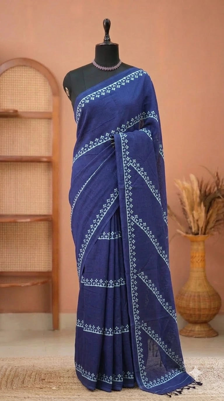 Navy Blue Floral stripe mulmul Cotton Saree 