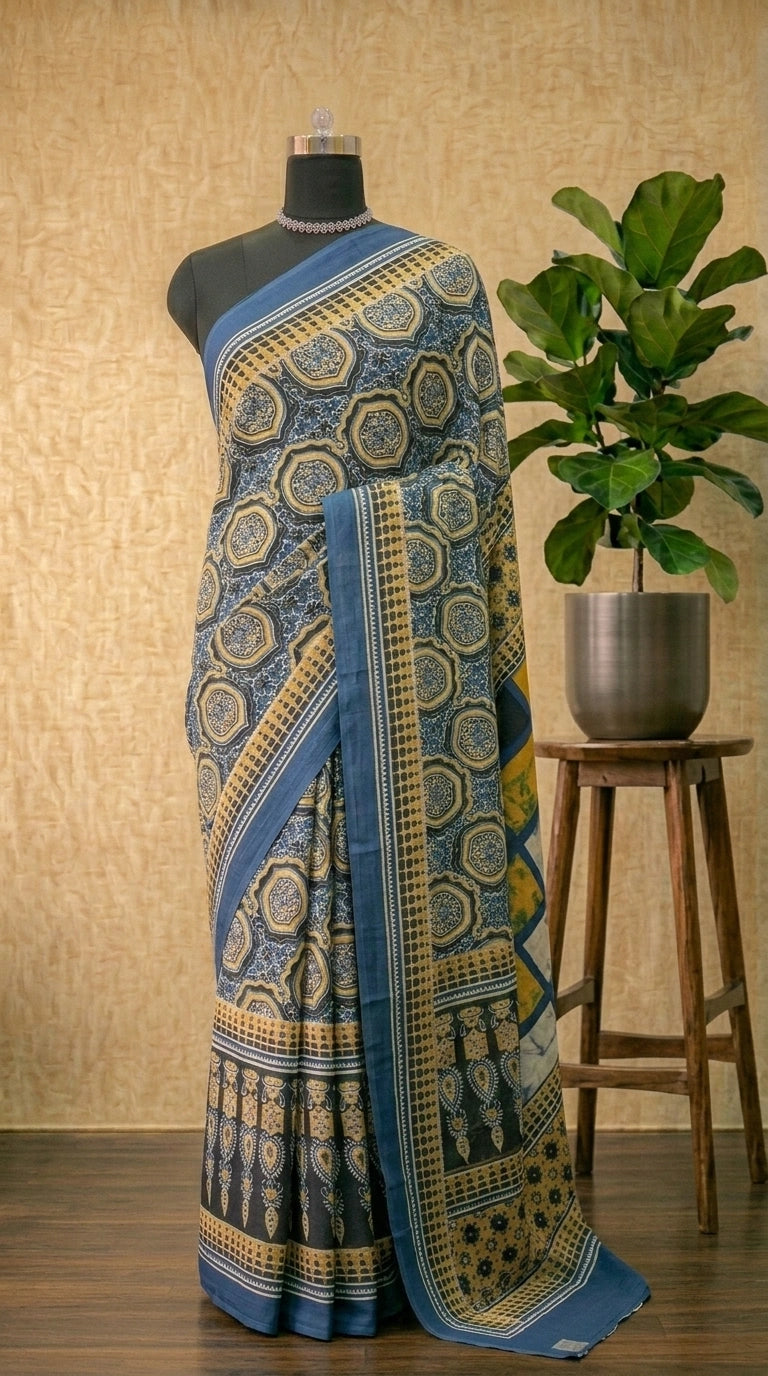Blue Hue Geometric printed Mulmul Cotton Saree