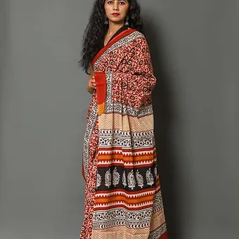 Rustic Red, Black & Beige Handblock Printed Mulmul Cotton Saree