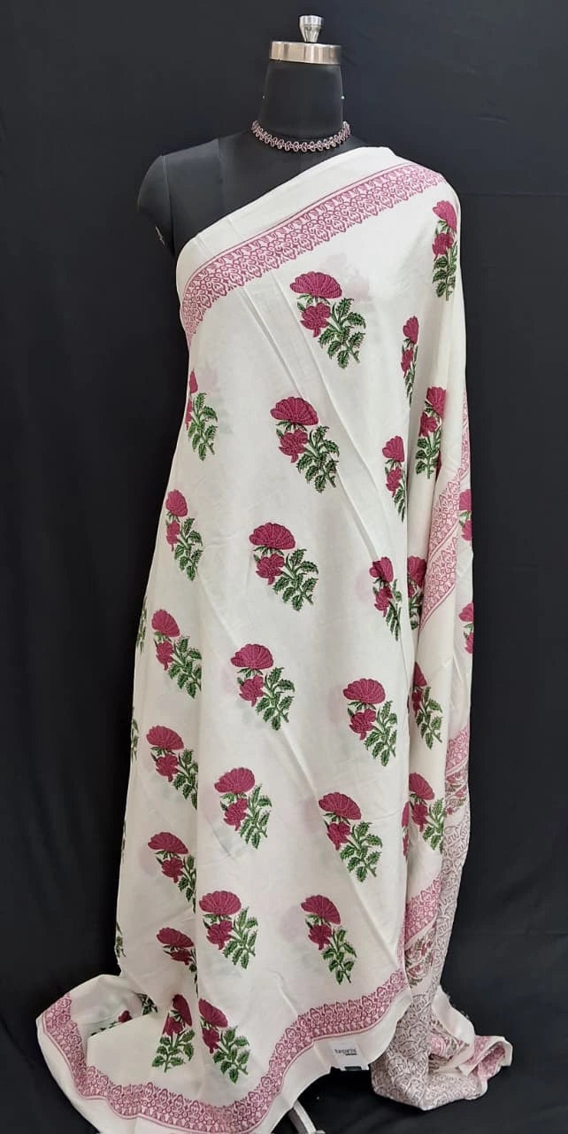 White & Pink Floral Mulmul Cotton Saree