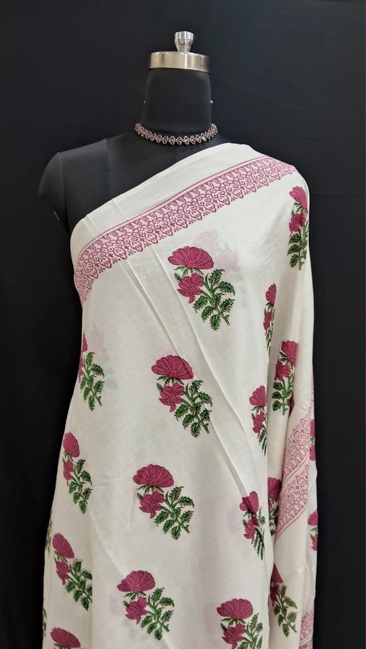 White & Pink Floral Mulmul Cotton