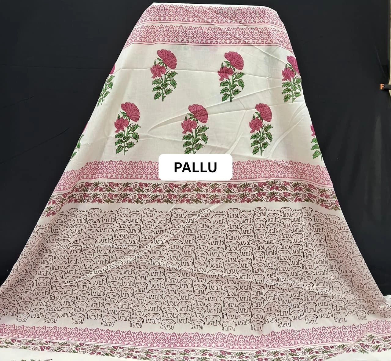 White & Pink Floral Mulmul Cotton Saree PALLU