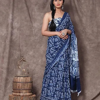 Navy Blue Mulmul Cotton Saree