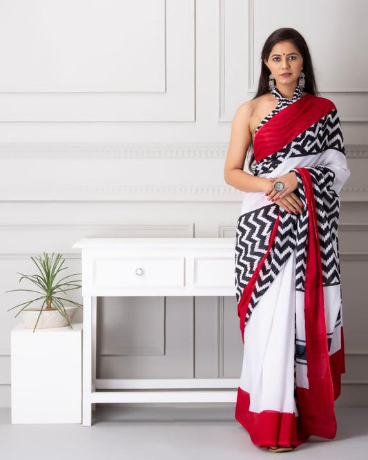 White mulmul cotton saree