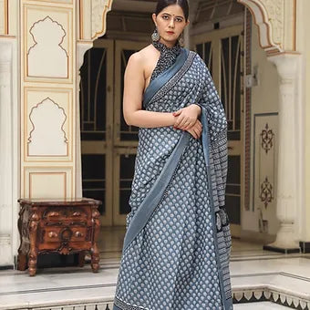 Grey Mulmul Cotton Saree