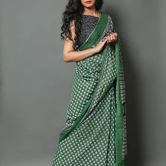 Green Mulmul Cotton Saree