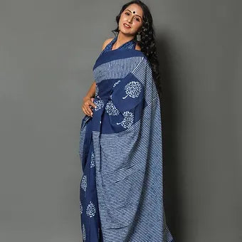 Indigo Blue Mulmul Cotton Saree