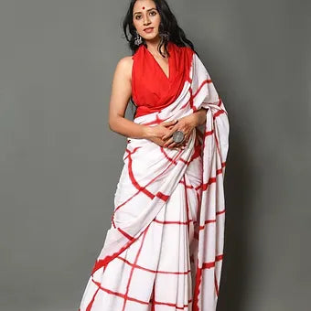 White and red checked mulmul cotton saree 