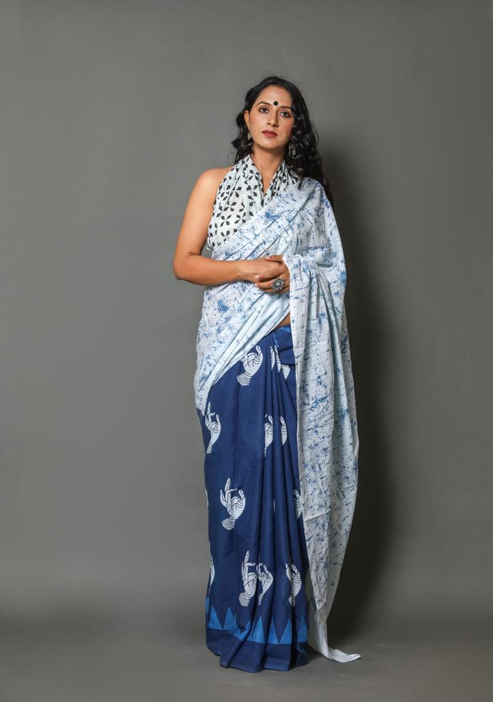 Royal blue mulmul cotton saree