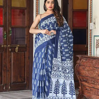 Indigo Blue Mulmul Cotto Saree