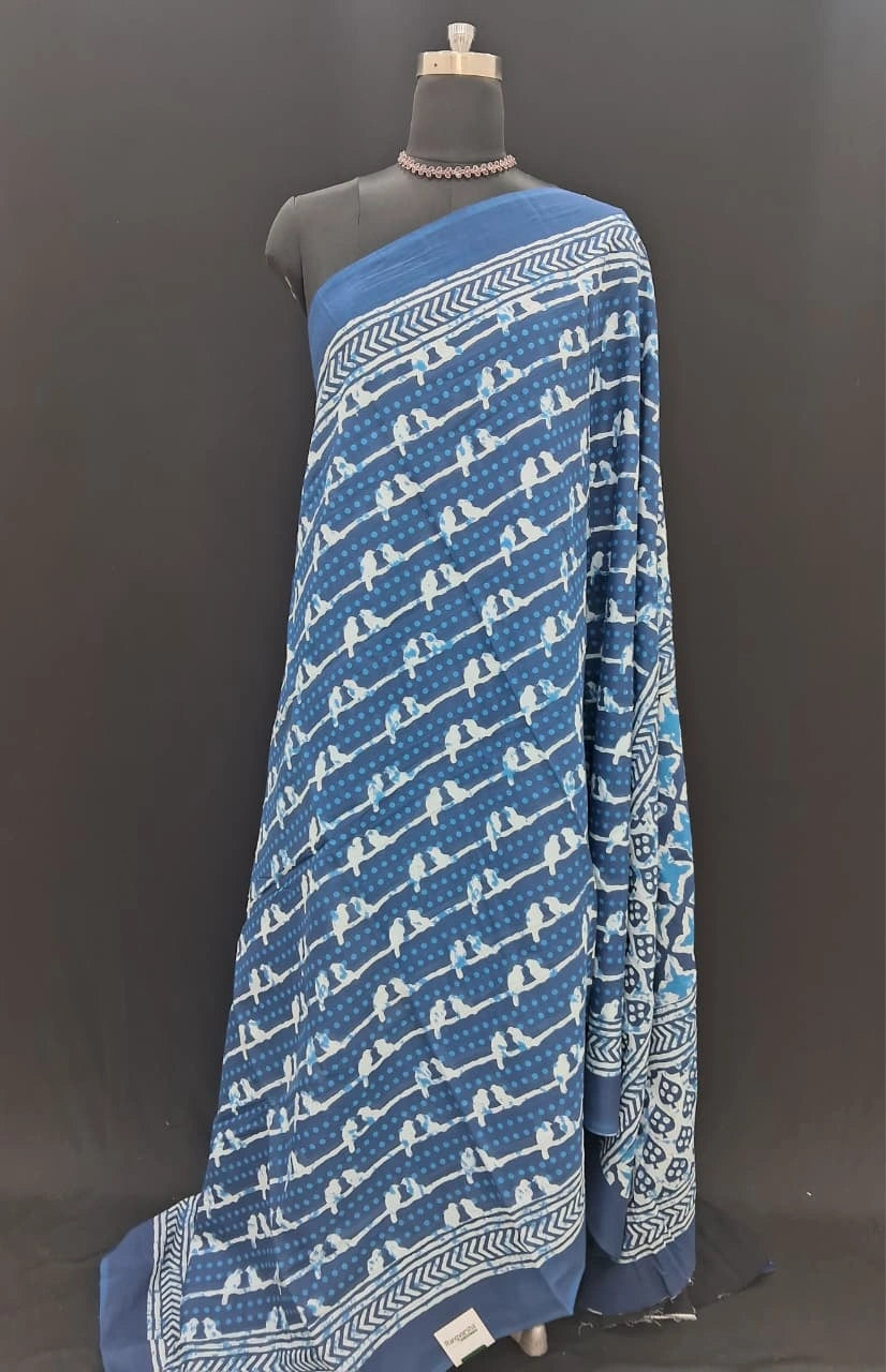Indigo Blue printed Mulmul Cotton saree