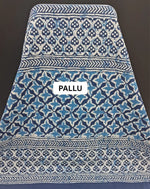 Indigo Blue printed Mulmul Cotton saree pallu
