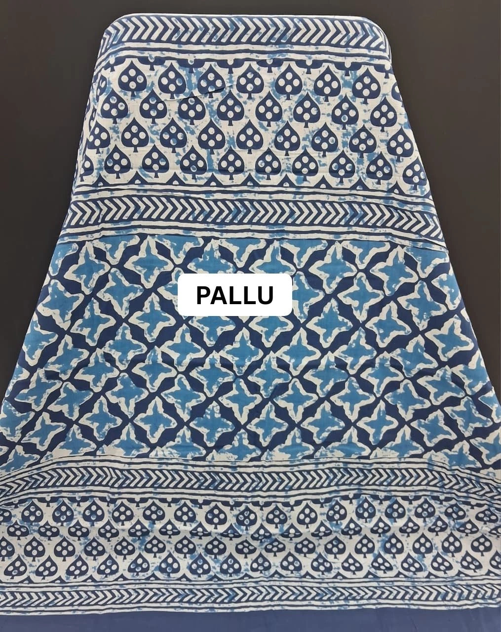 Indigo Blue printed Mulmul Cotton saree pallu