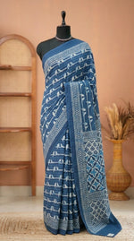 Indigo Blue printed Mulmul Cotton saree