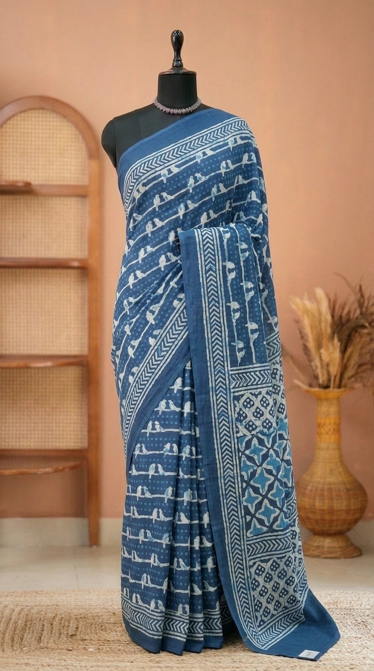 Indigo Blue printed Mulmul Cotton saree