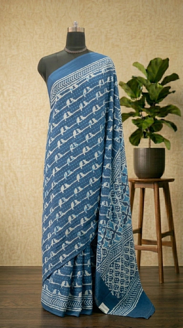 Classic Indigo Blue printed Mulmul Cotton saree