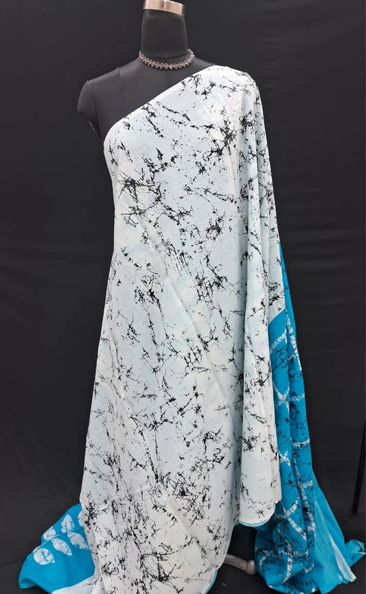 White and black shibori printed mulmul cotton Saree