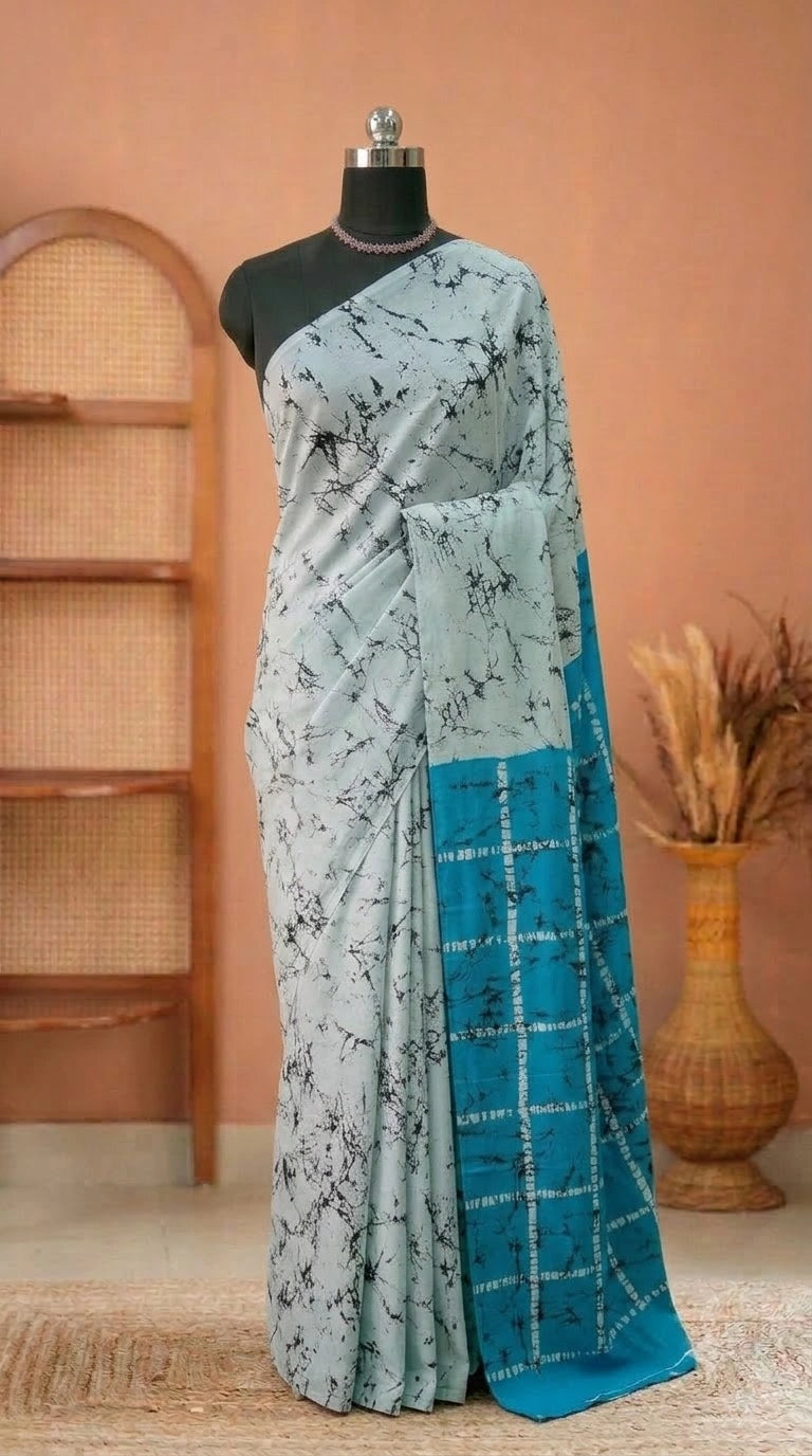 White and black shibori printed mulmul cotton Saree