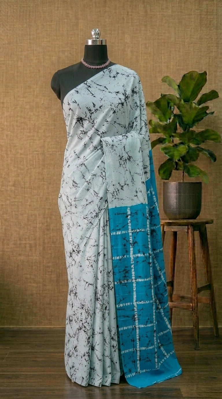 White and black shibori printed mulmul cotton Saree