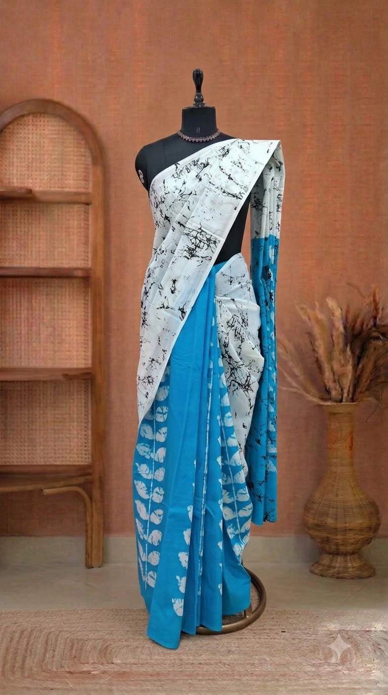 White and black shibori printed mulmul cotton