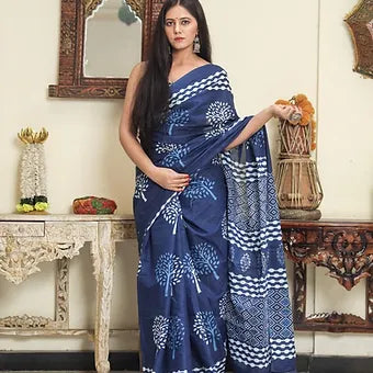 Indigo Blue Mulmul Cotton Saree