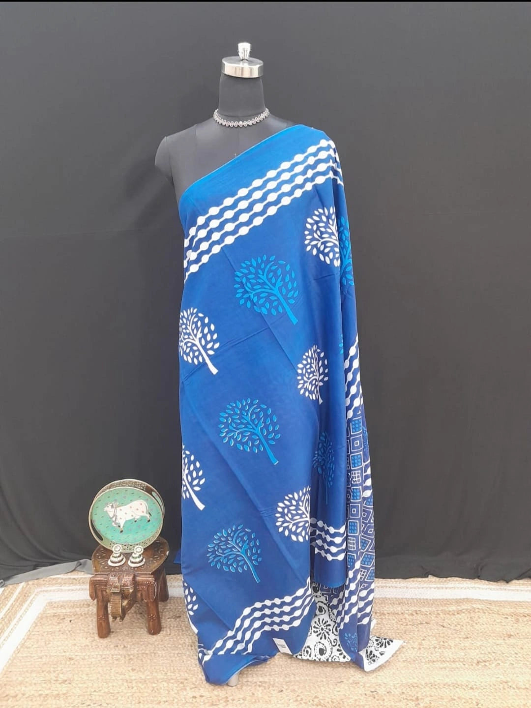 Graceful Indigo Blue Mulmul cotton Saree