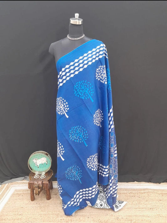 Graceful Indigo Mulmul cotton Saree
