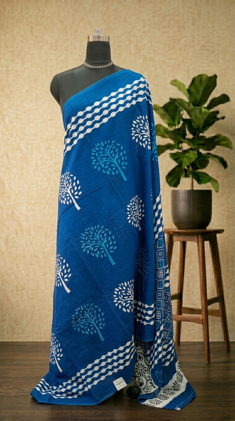 Graceful Indigo Blue Mulmul cotton Saree