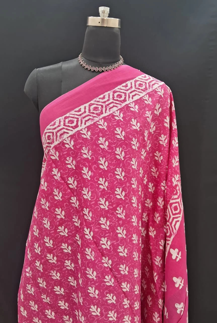 Rose Pink & White Handblock Printed Mulmul Cotton