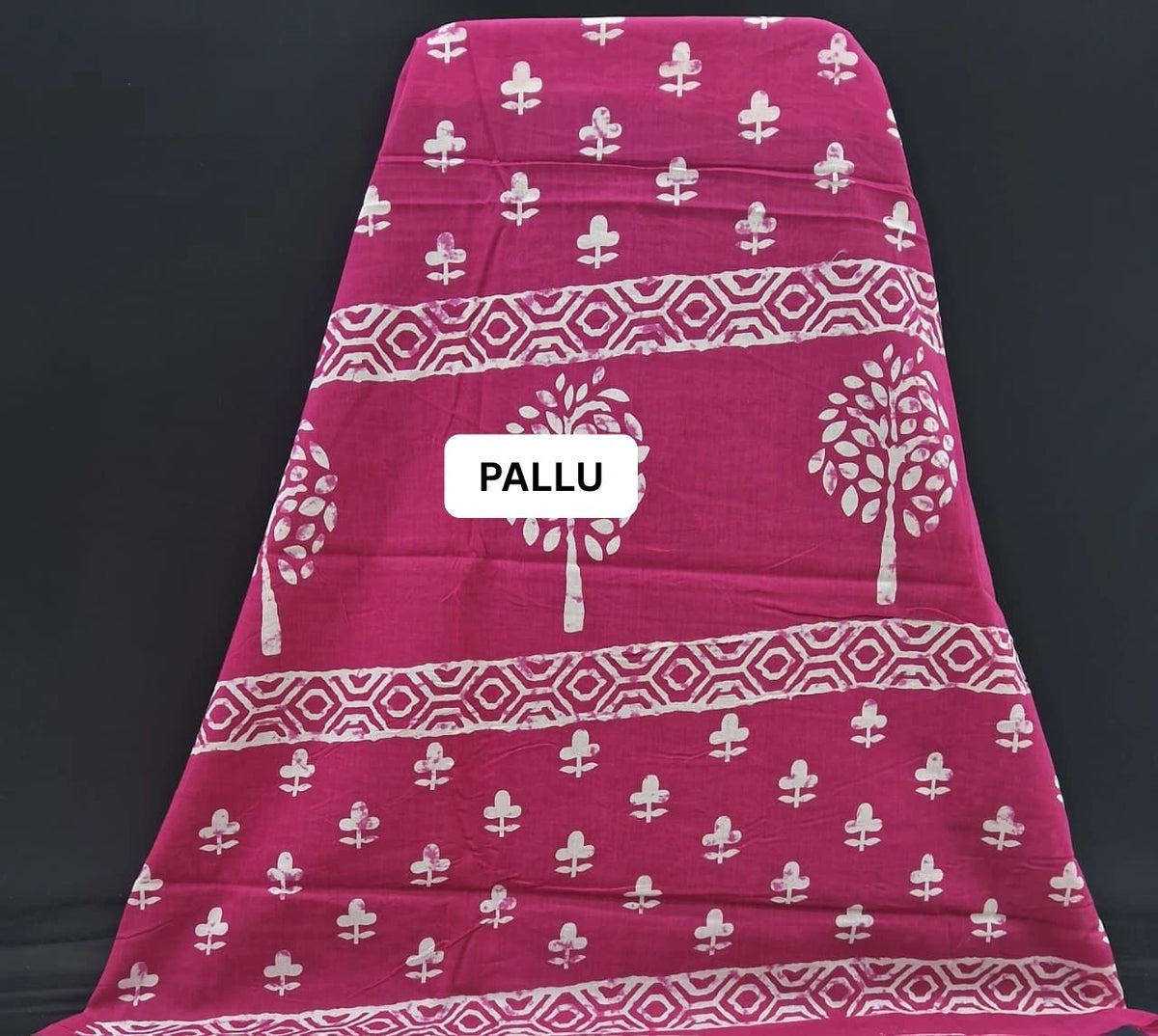Rose Pink & White Handblock Printed Mulmul Cotton Saree pallu