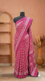 Rose Pink & White Handblock Printed Mulmul Cotton Saree