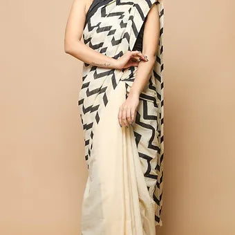 Beige Mulmul Cotton Saree