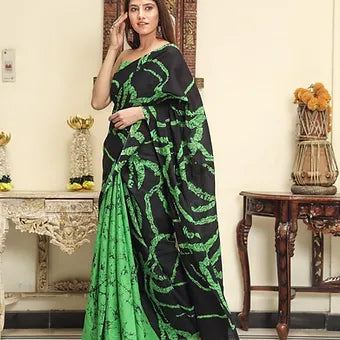 Green and Black Mulmul cotton saree