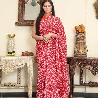 Fire Red Mulmul Cotton Saree