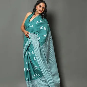 Teal Blue Mulmul Cotton Saree