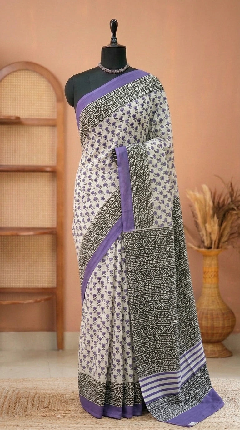 Elegant White, Black & Purple Printed Mulmul cotton saree
