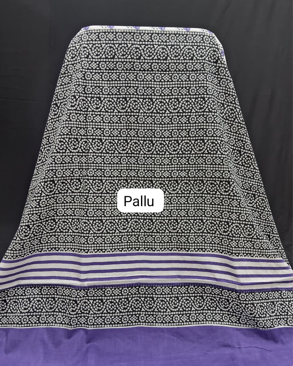 Elegant White, Black & Purple Printed Mulmul cotton pallu