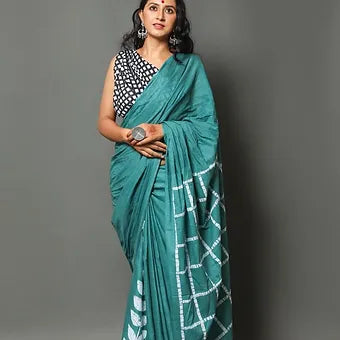 Teal Blue Mulmul Cotton Saree