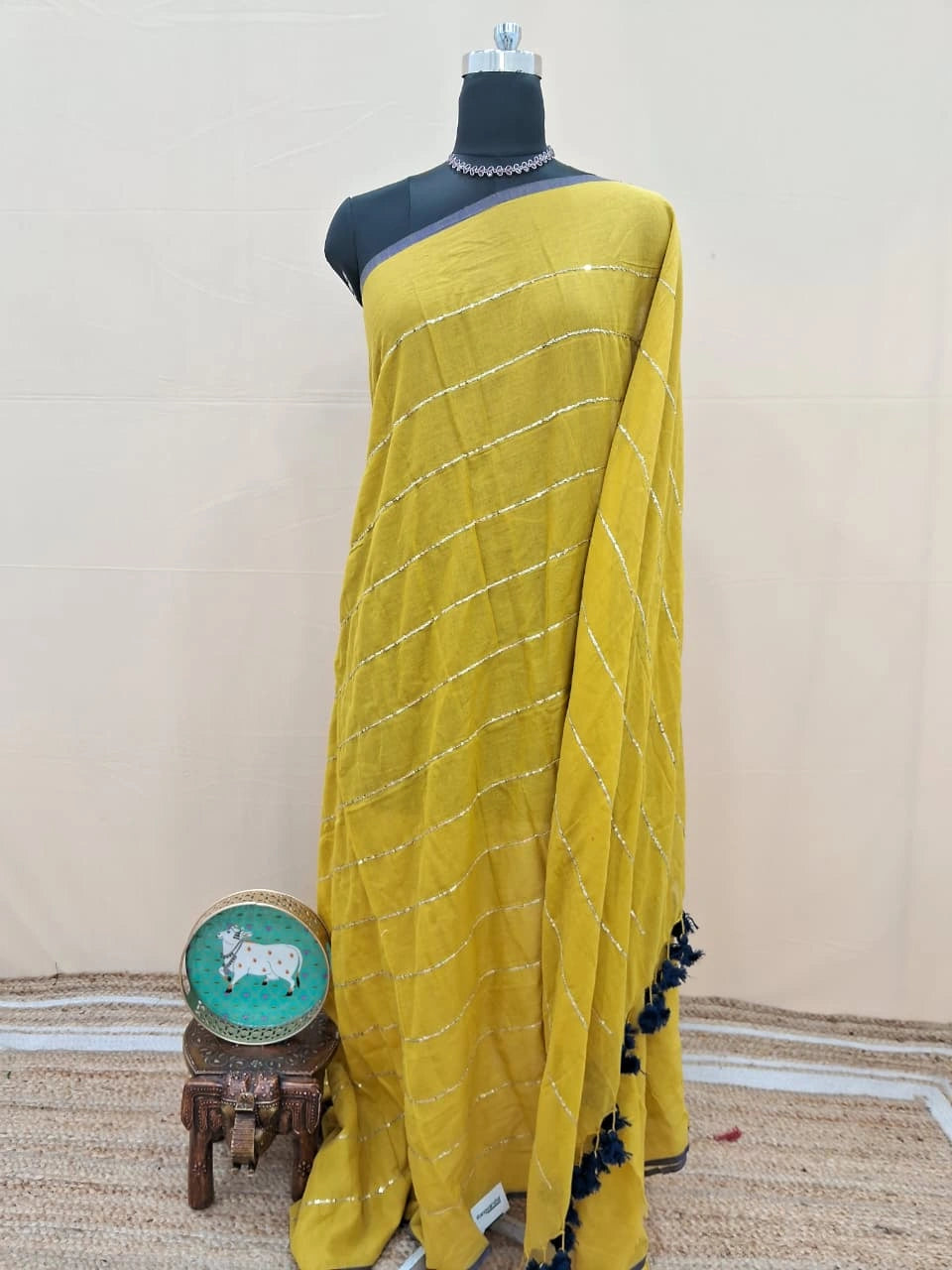 Mango Yellow sequence Mulmul Cotton Saree