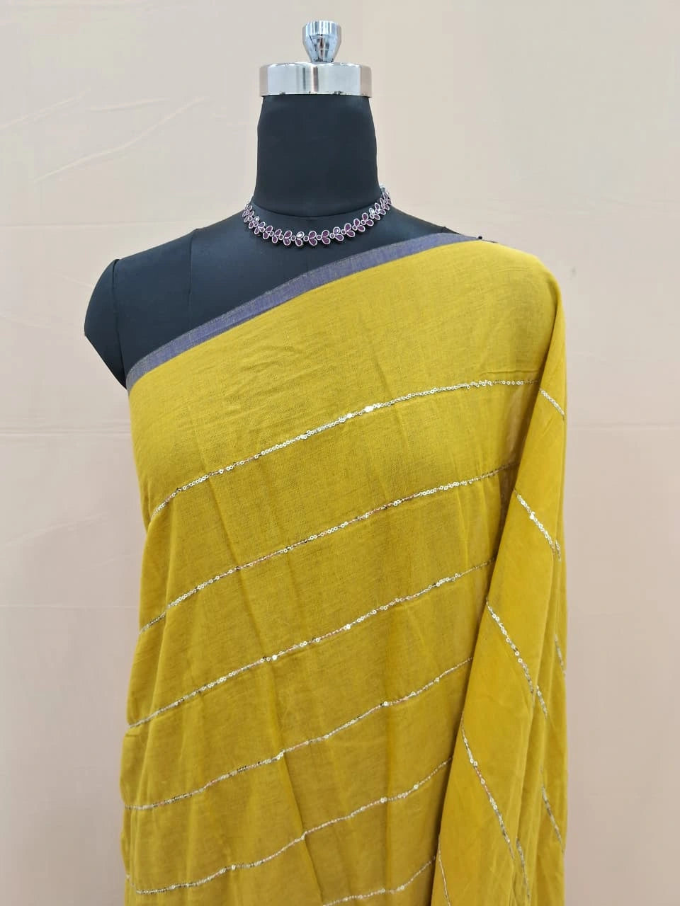 Mango Yellow sequence Mulmul Cotton Saree 1