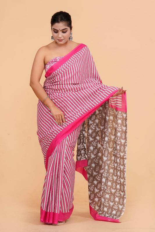 Pink Mulmul Cotton Saree 