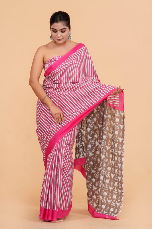 Pink Mulmul Cotton Saree for Festive Elegance