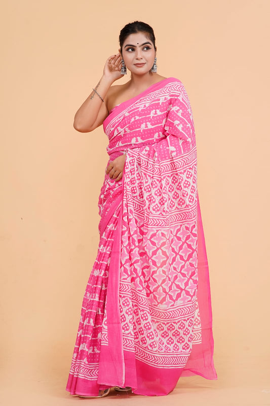 Pink Mulmul Cotton Saree 