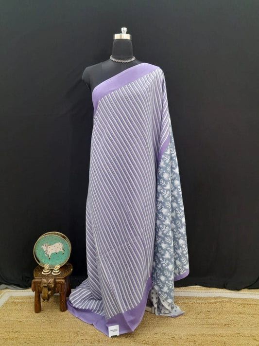 Lavender & Brown Floral Striped Mulmul Cotton Saree